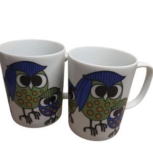 2 Fitz Floyd Owl Coffee Mug Tea Cups Green & Blue Vintage Retro 60s Style BOHO